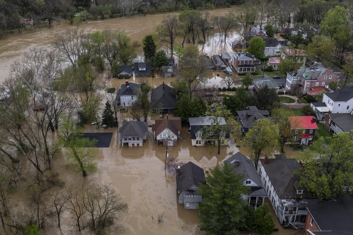 The Kentucky River floods in Frankfort, Ky., on Sunday, April 6, 2025.