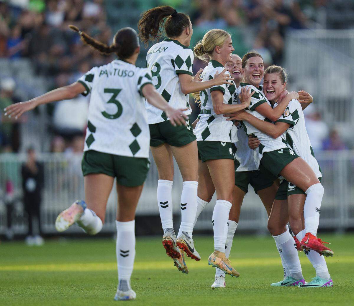 Lexington Sporting Club players celebrate during a Gainbridge Super League semifinal win over Dallas Trinity on May 23, 2026, at the Lexington SC Stadium in Lexington, Kentucky.