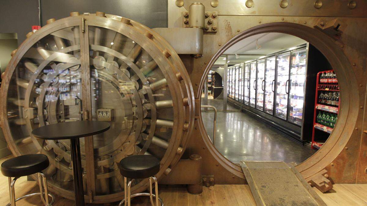 Shorty's, which reopened Monday, is in a former bank building. Reach-in coolers are in the vault.  