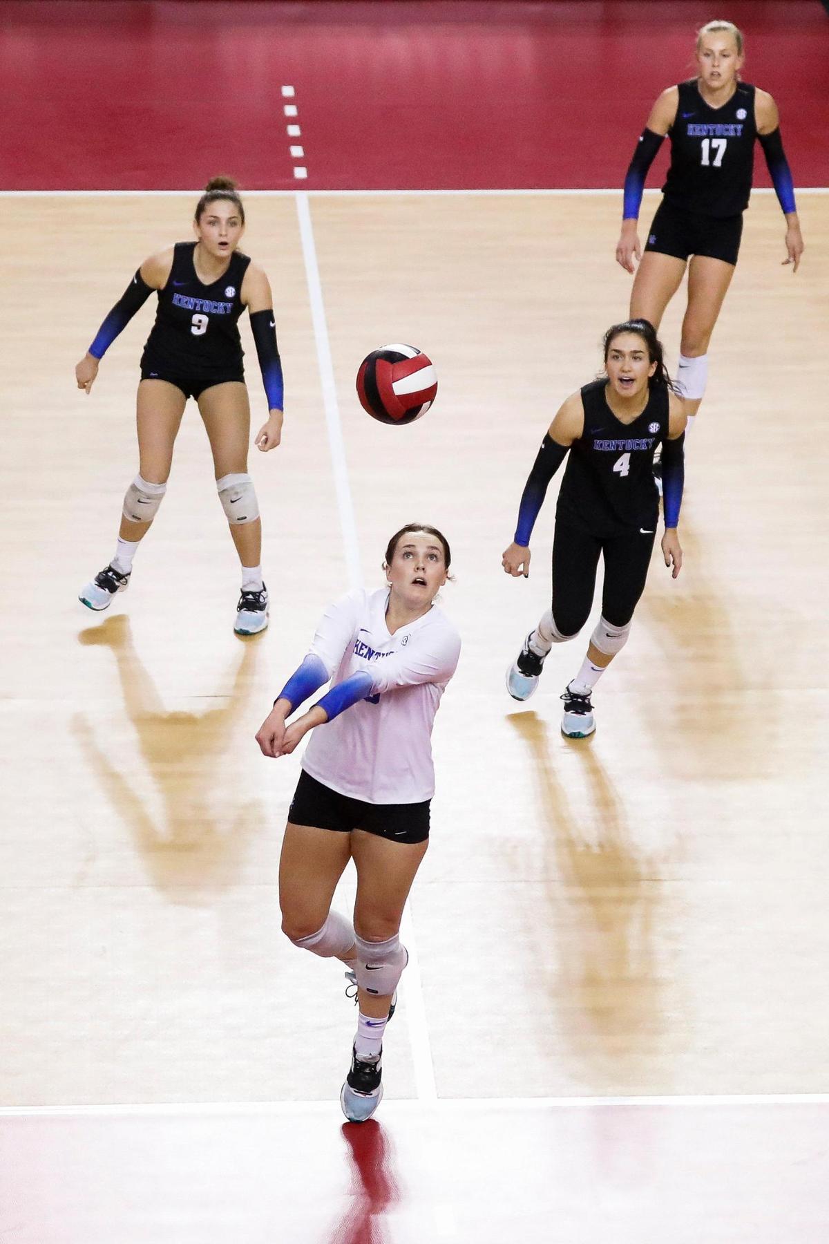 Libero Eleanor Beavin (6) digs a ball during Kentucky’s game at Louisville. Beavin started the season as a defensive specialist but moved to her traditional spot at libero during UK’s match at Wisconsin on Sept. 10. The Wildcats are 11-1 since then.