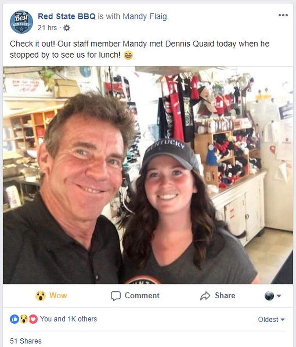 Red State BBQ posted the photo with Dennis Quaid on the restaurant’s Facebook page on Thursday after he stopped by for lunch.