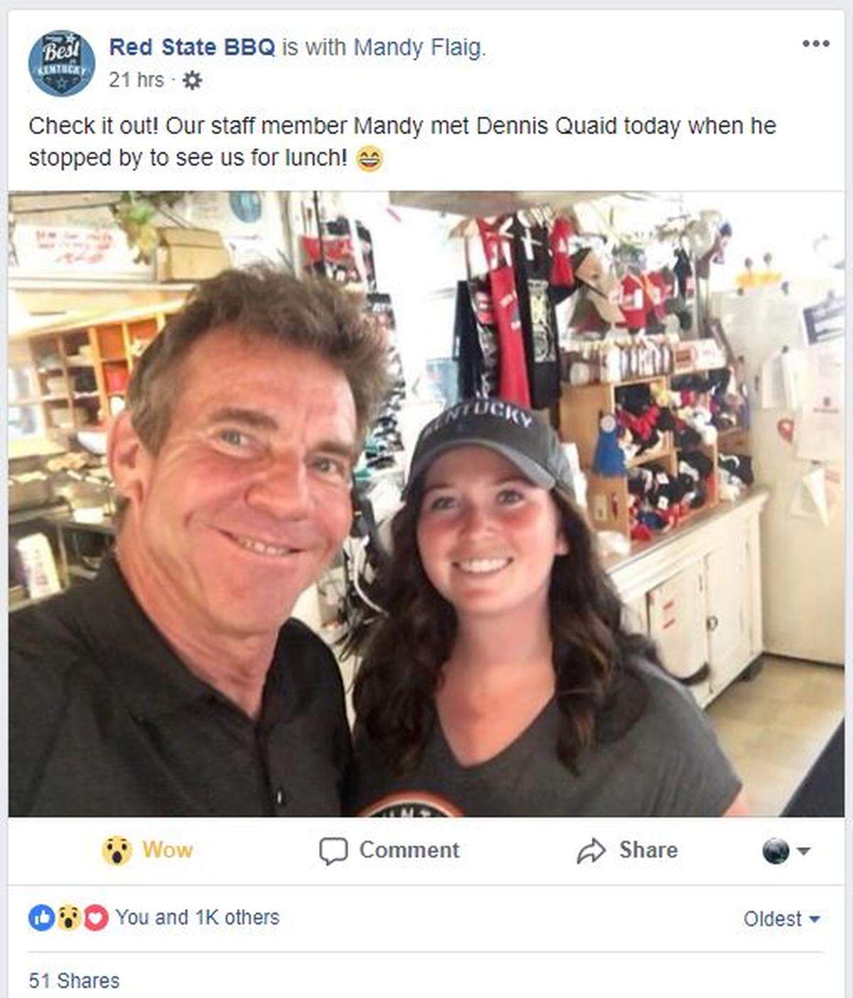 Red State BBQ posted the photo with Dennis Quaid on the restaurant’s Facebook page after he stopped by for lunch in 2018.