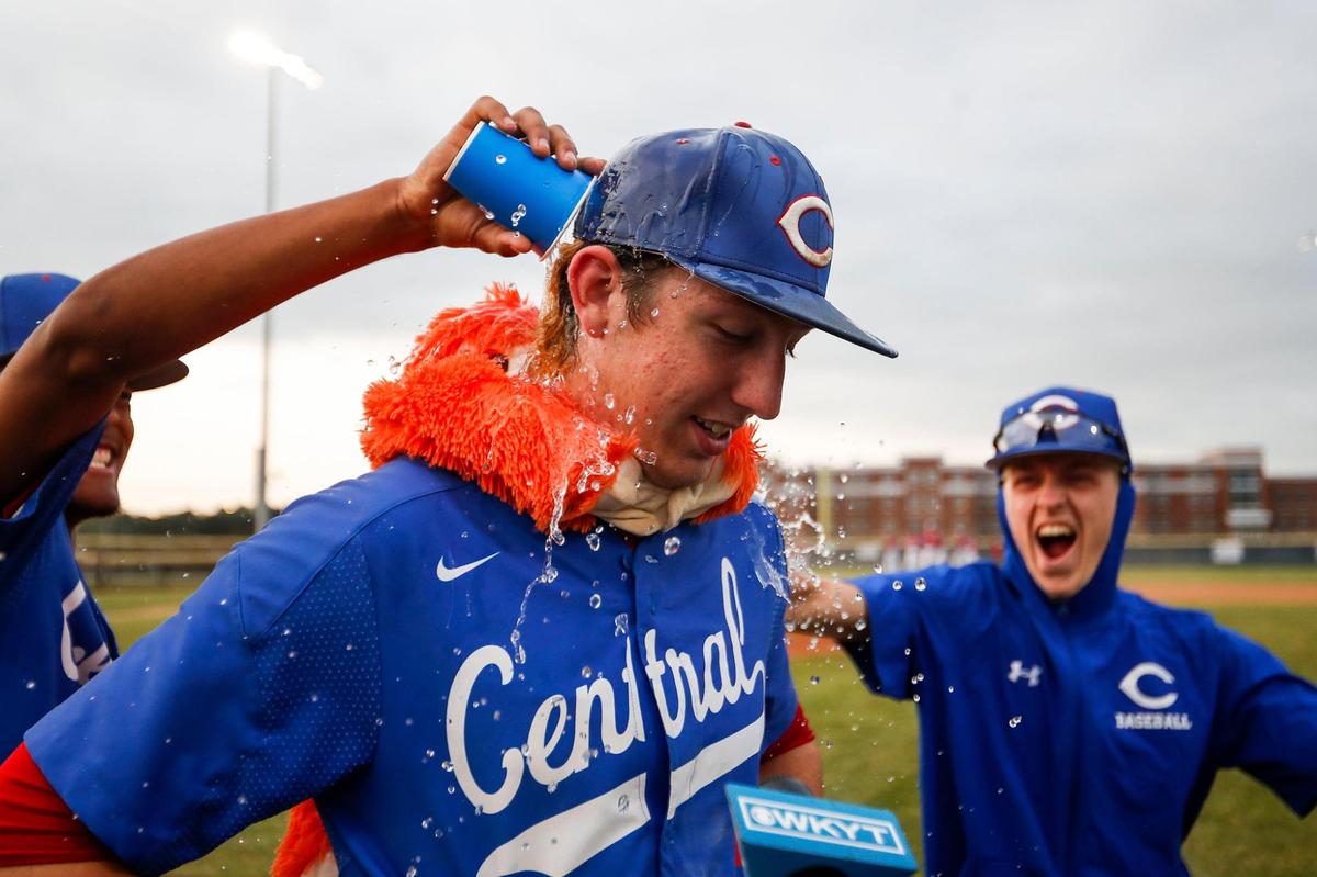 Madison Central pitcher Bradley Poynter was showered with water after defeating Henry Clay during the 11th Region baseball tournament semifinals at Great Crossing on Tuesday night. Poynter struck out 12 Blue Devils batters in the win.