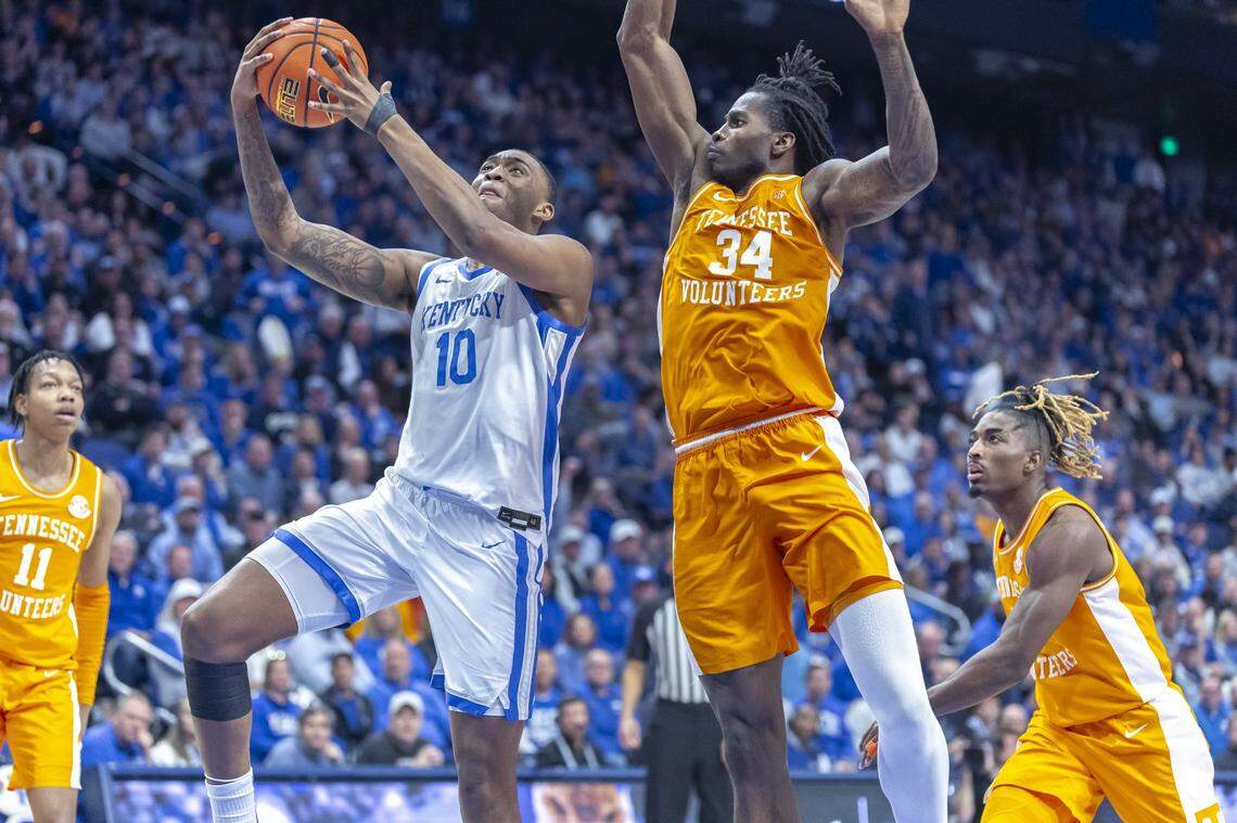 Kentucky forward Brandon Garrison (10) shoots the ball as Tennessee forward Felix Okpara (34) defends during a game at Rupp Arena on Feb. 11. UK and Tennessee are about to play in the NCAA Tournament for the first time.