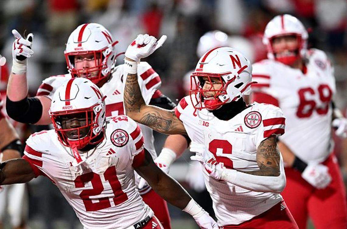 COLLEGE PARK, MARYLAND - OCTOBER 11: Dane Key #6 of the Nebraska Cornhuskers celebrates with teammates after scoring a touchdown in the fourth quarter against the Maryland Terrapins at SECU Stadium on October 11, 2025 in College Park, Maryland. (Photo by Greg Fiume/Getty Images)