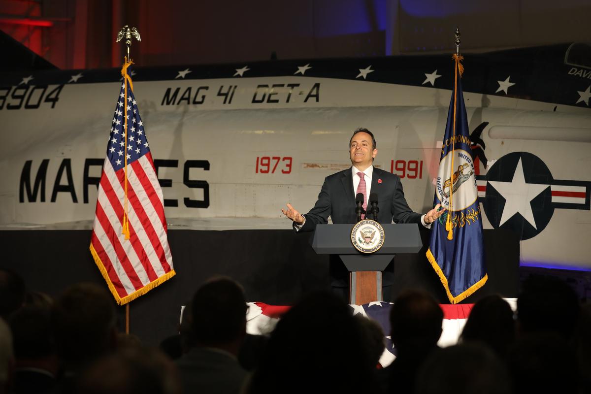 Governor Matt Bevin speaks to a crowd during his fundraising event for reelection in 2020 within the Aviation Museum of Kentucky in Lexington, March 8, 2019.