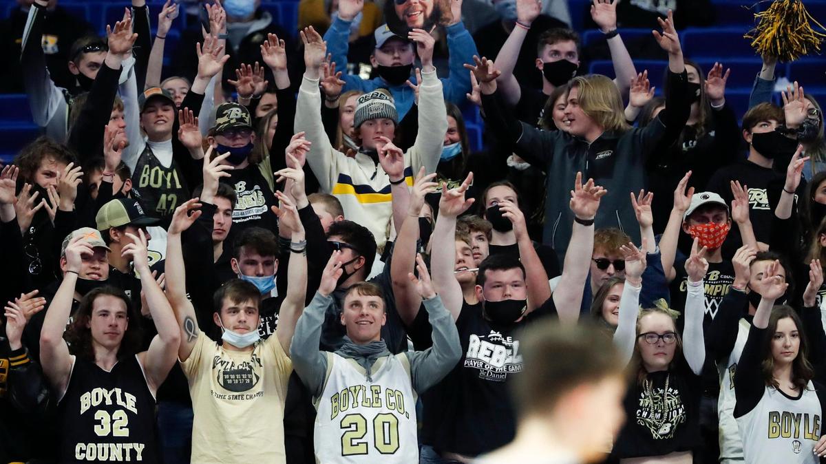 Boyle County fans cheer during the KHSAA Boys’ Sweet 16 opening round against Paintsville at Rupp Arena in Lexington, Ky., Thursday, April 1, 2021. Boyle County beat Paintsville 70-56.