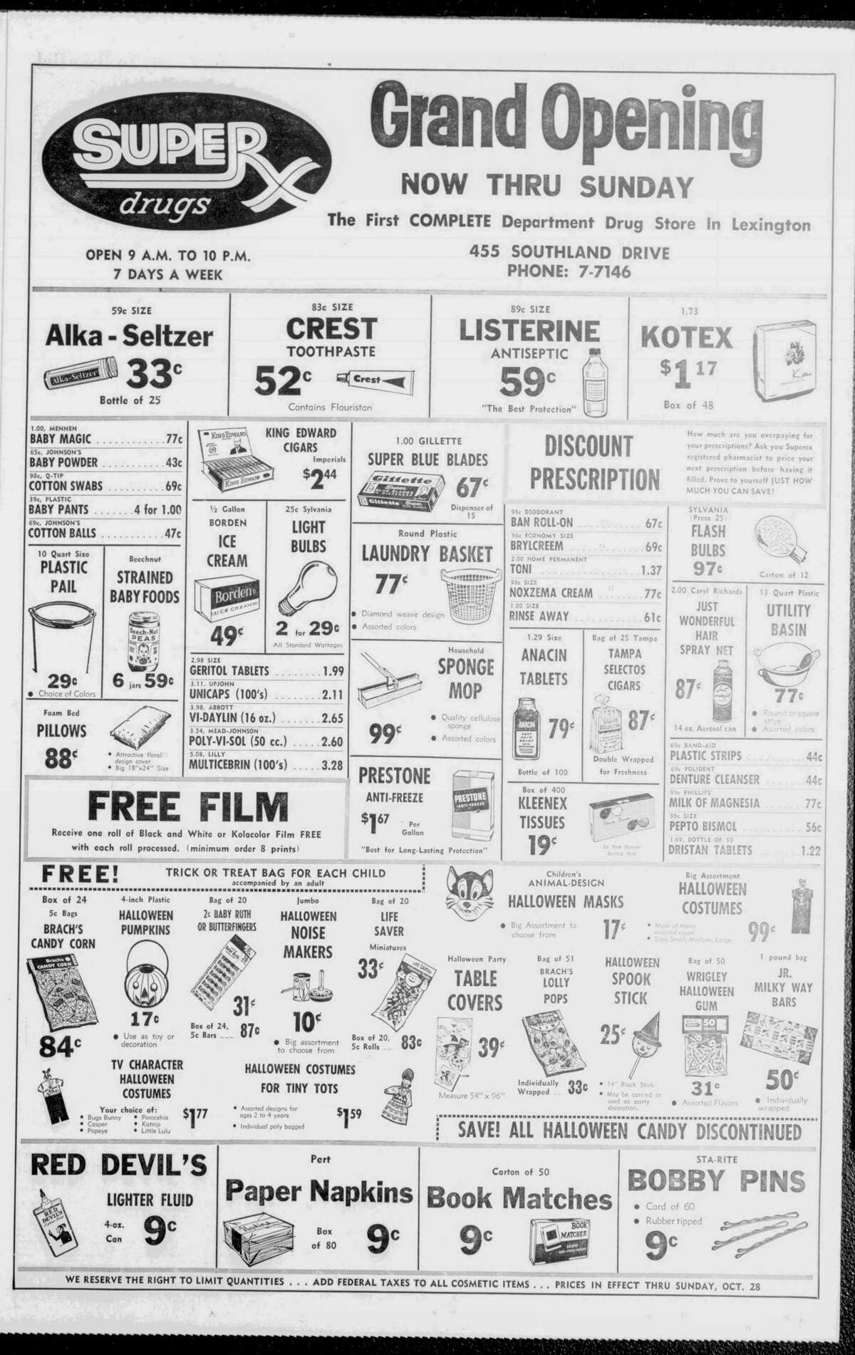 An advertisement for the grand opening of Super X drugstore in the Oct. 24, 1962 Lexington Leader.