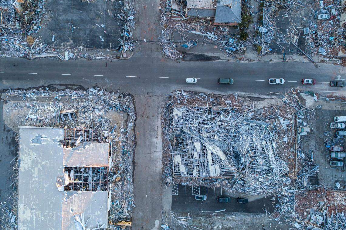 Structures in downtown Mayfield, Ky., are heavily damaged Sunday, Dec. 12, 2021, after a tornado ripped through town Friday night.