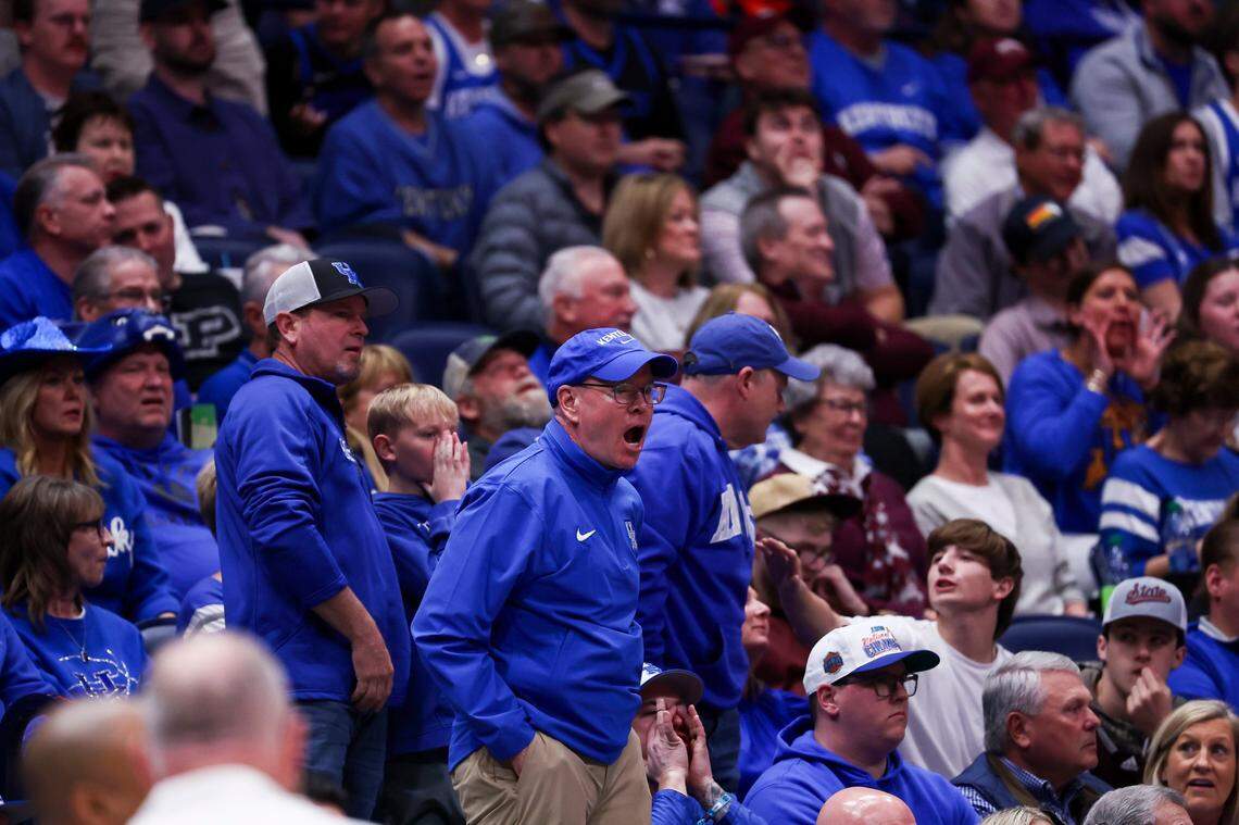 Kentucky fans react to a call by the referees during Friday’s game against Texas A&M in the SEC Tournament quarterfinals at Bridgestone Arena in Nashville.