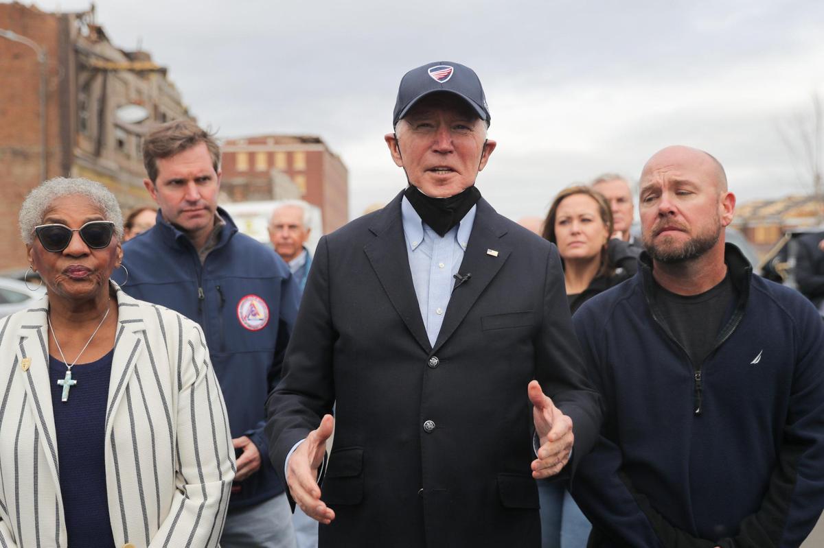 President Joe Biden surveys tornado damage in Mayfield, Ky., on Wednesday, Dec. 15, 2021