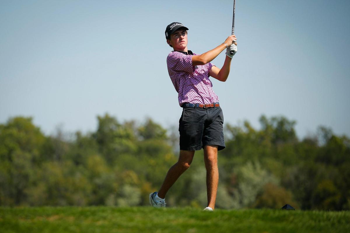 Lexington Christian’s Grey Goff teed off on No. 11 during the Region 9 boys’ golf championship at Gibson Bay Golf Course in Richmond on Tuesday.