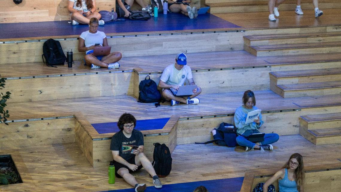Students gather within several communal areas of UK’s Gatton Student Center between classes, August 21, 2023.
