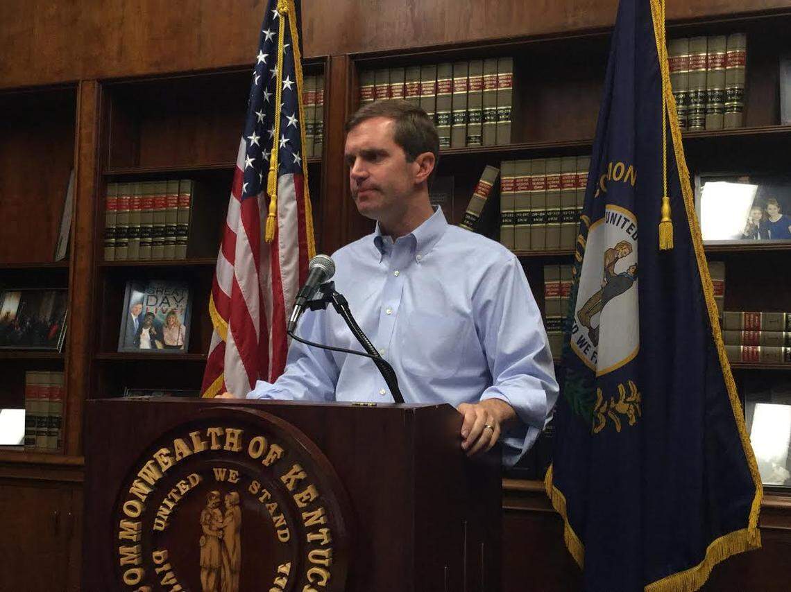Kentucky Attorney General Andy Beshear sharply criticizes Gov. Matt Bevin’s call for a special legislative session on pension relief at his Capitol office Saturday, July 20, 2019.