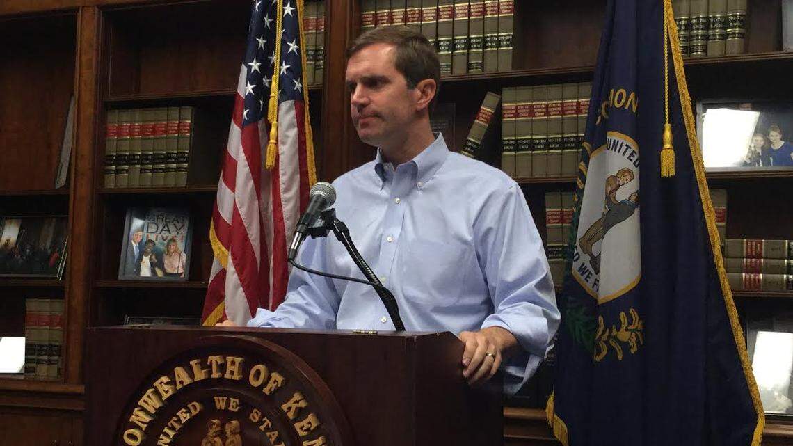 Kentucky Attorney General Andy Beshear sharply criticizes Gov. Matt Bevin’s call for a special legislative session on pension relief at his Capitol office Saturday, July 20, 2019.