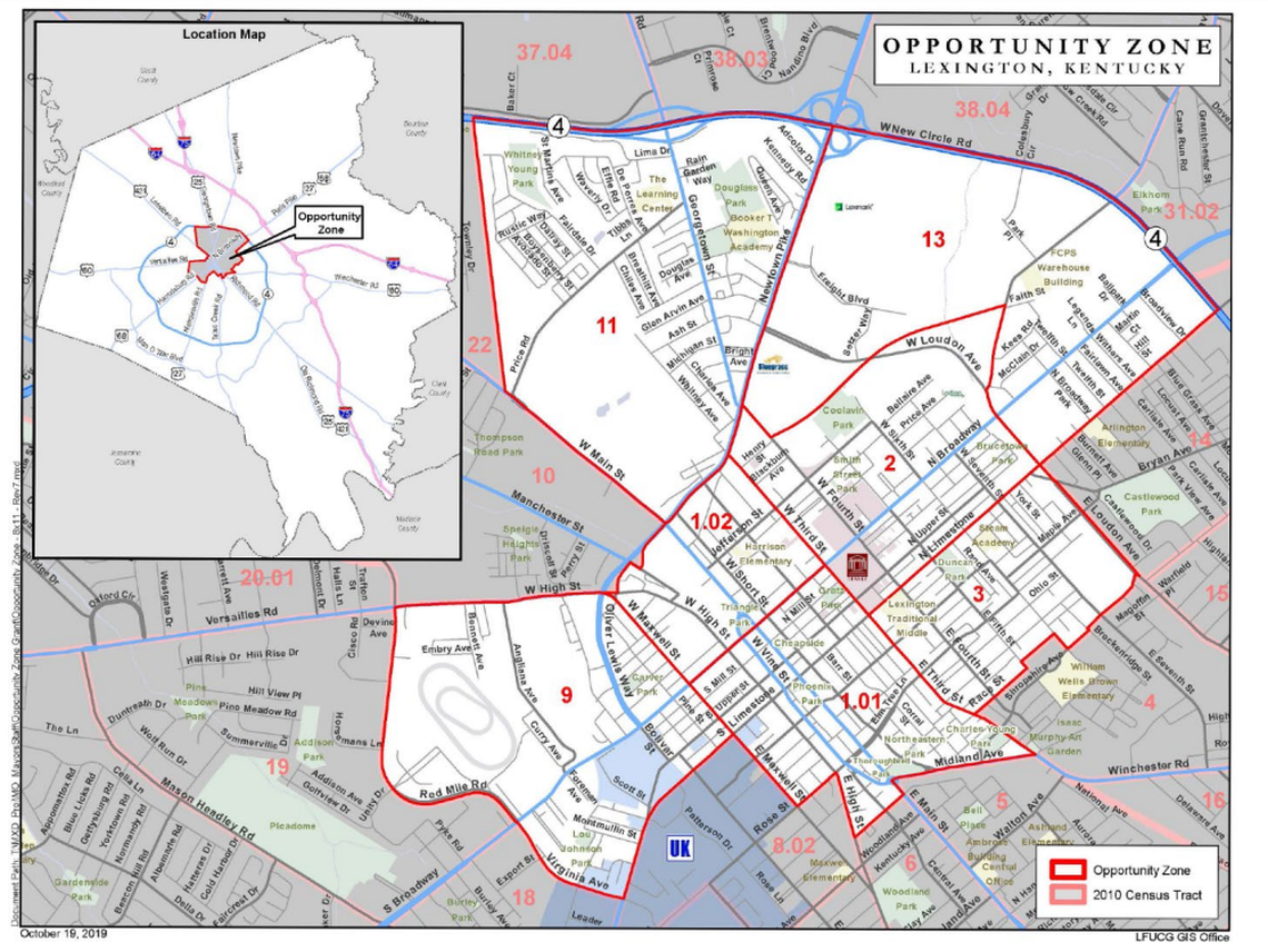 Lexington’s seven designated “opportunity zones” are mostly in and around the city’s downtown or to the north.