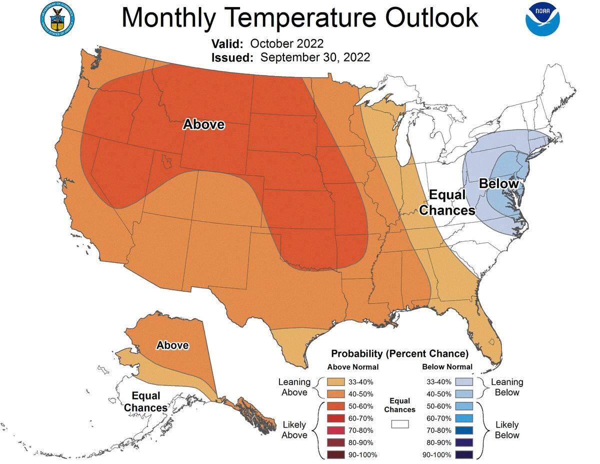 Here’s October’s temperature outlook, from the National Weather Service’s Climate Prediction Center.