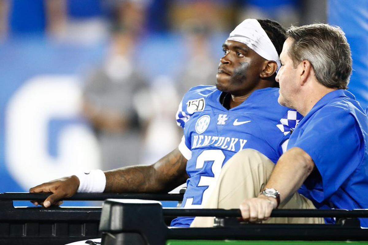 Kentucky quarterback Terry Wilson was carted off at Kroger Field after suffering a torn patellar tendon in his left knee during last season’s second game, a 38-17 UK win over Eastern Michigan.
