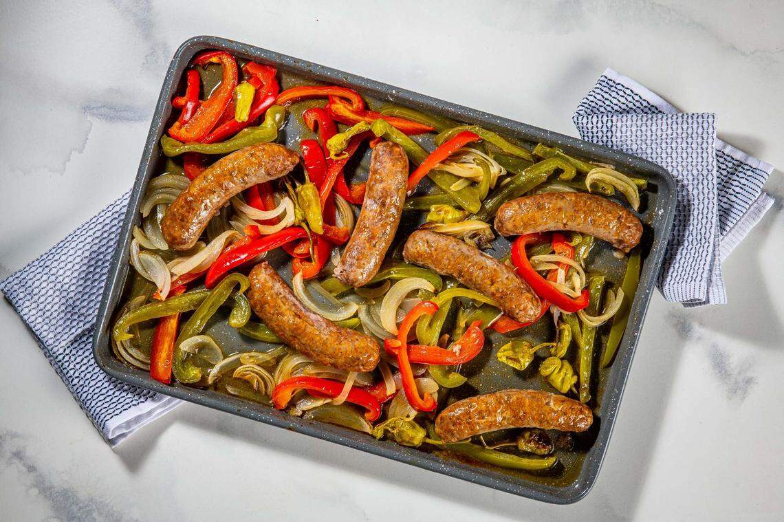 Sheet-pan Italian sausage and peppers offers a range of flavors — salty, spicy, tart and meaty.