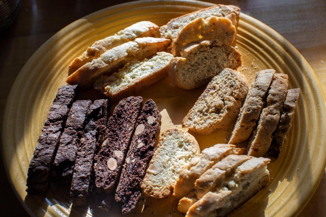 Chocolate, fig walnut and rosemary ginger biscotti. Biscotti is a traditional Italian “cookie” that keeps well and makes a great holiday gift.