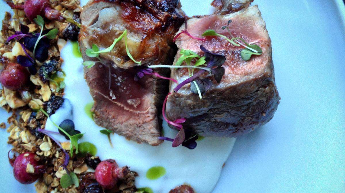 Chef Robert Weickel got a reputation when he worked at Table Three Ten as "the guy who would buy the 'weird stuff,'" he said. Here, he served alpaca strip loin with smoked rye granola and turnip.         