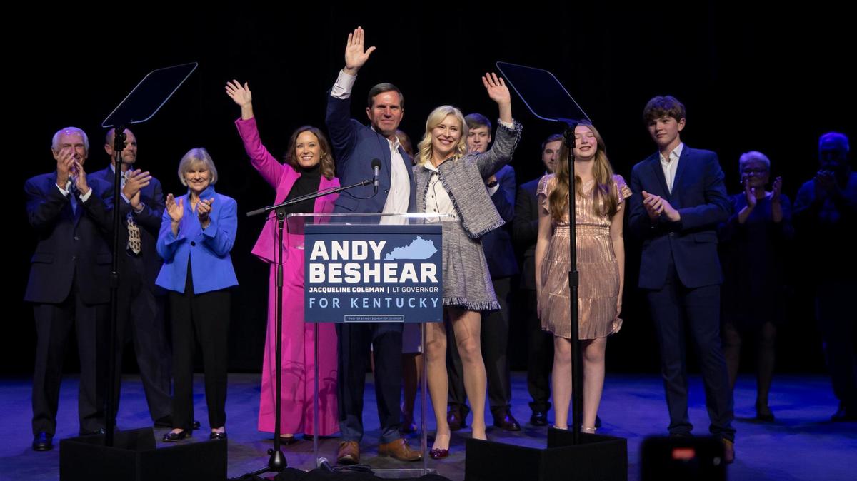 Kentucky Gov. Andy Beshear waves after it was announced he won re-election. His campaign held an election night watch party at Old Forester’s Paristown Hall in Louisville, Ky., on Tuesday, Nov. 7, 2023.