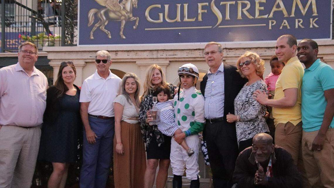 The connections of Promises Fulfilled, including owner Robert J. Baron (standing next to jockey Irad Ortiz Jr.) posed for a photo in the winner's circle for the Fountain of Youth Stakes at Gulfstream Park on March 3. The victory helped Promises Fulfilled secure an invitation to the Kentucky Derby.