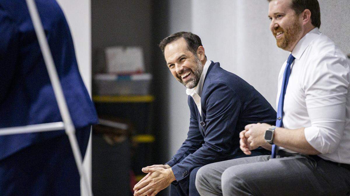 Joel Willett, center, laughs with the other U.S. Senate candidates during the annual Wendell H. Ford Dinner on Tuesday, Sept. 30, 2025, at Clay Community Center in Mt. Sterling, Ky.