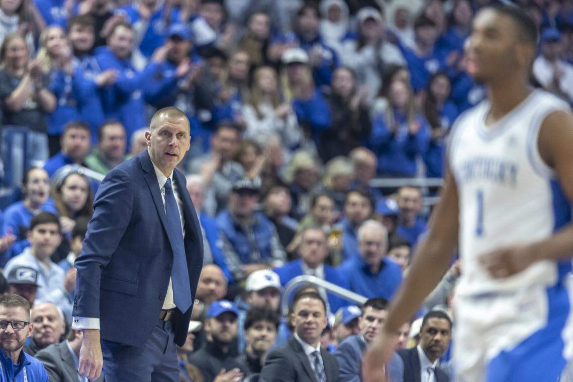 Kentucky head coach Mark Pope watches his team play against Texas A&M on Tuesday night at Rupp Arena.