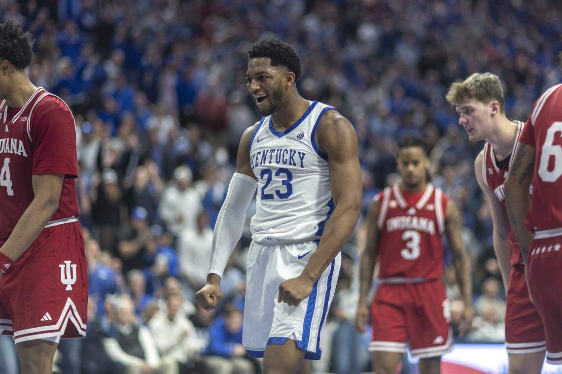 Kentucky basketball forward Mouhamed Dioubate (23) reacts after scoring a basket during a game against Indiana at Rupp Arena in Lexington, Ky., on Saturday, Dec. 13, 2025.