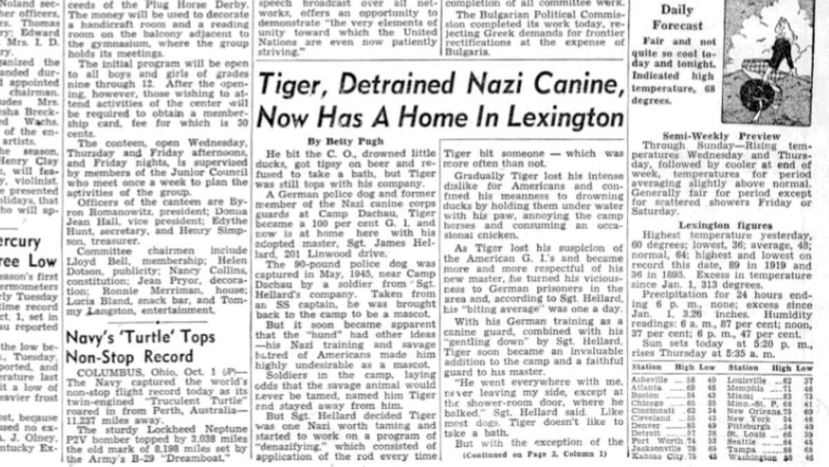 Front page of the Wednesday, Oct. 2, 1946 Lexington Herald with a story detailing James Hellard and his German police dog he brought home after serving in World War II.