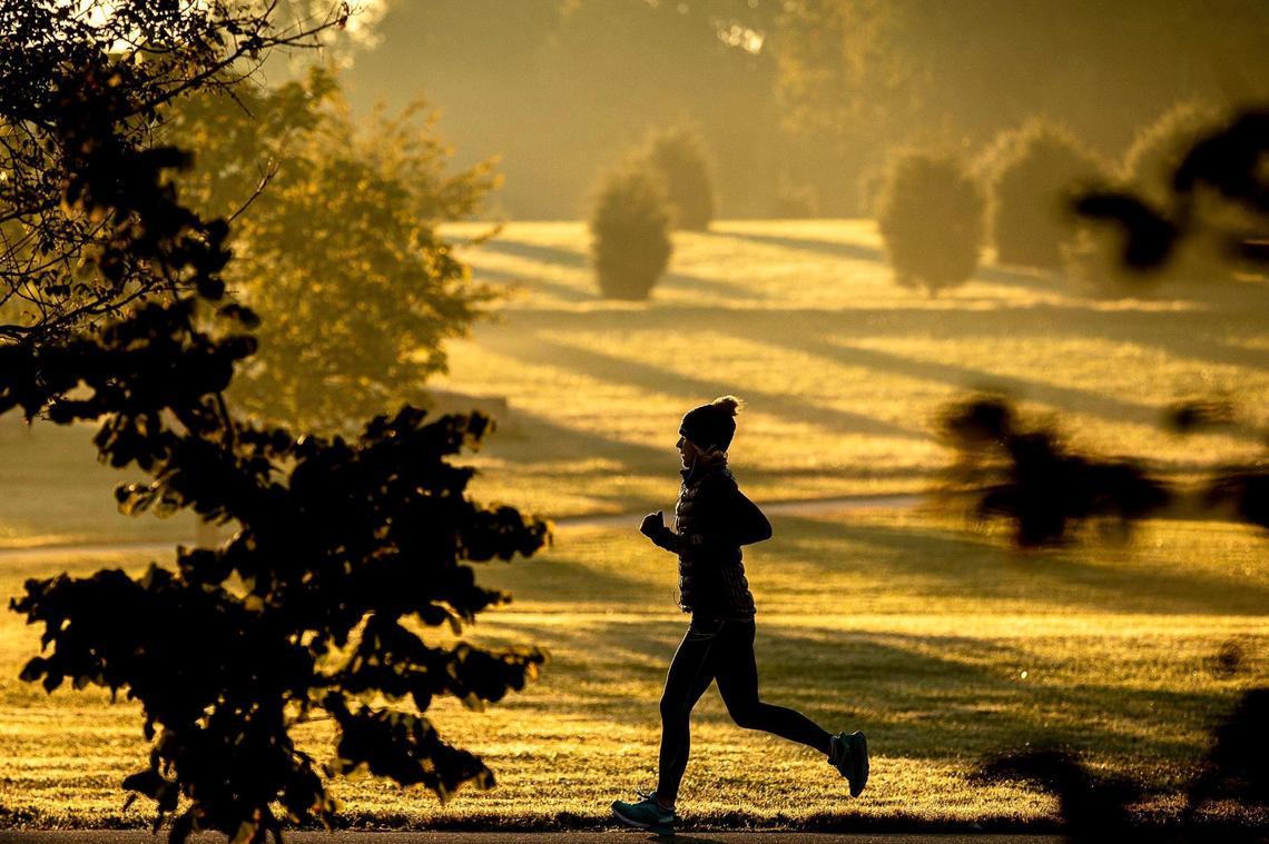 A runner gets in a morning workout at the Arboretum, State Botanical Garden of Kentucky, Tuesday, Oct. 6, 2020.