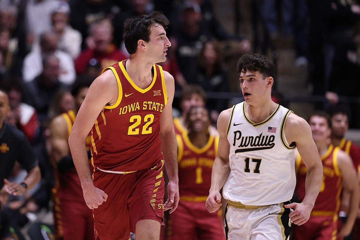 New Kentucky wing Milan Momcilovic (22) celebrated after making one of his three made-3-pointers for Iowa State in the Cyclones’ 81-58 road pummeling of then-No. 1 Purdue last Dec. 6. Momcilovic, who led NCAA Division I men’s basketball last season in 3-point percentage (48.7), finished with 20 points in the Iowa State win over the Boilermakers.