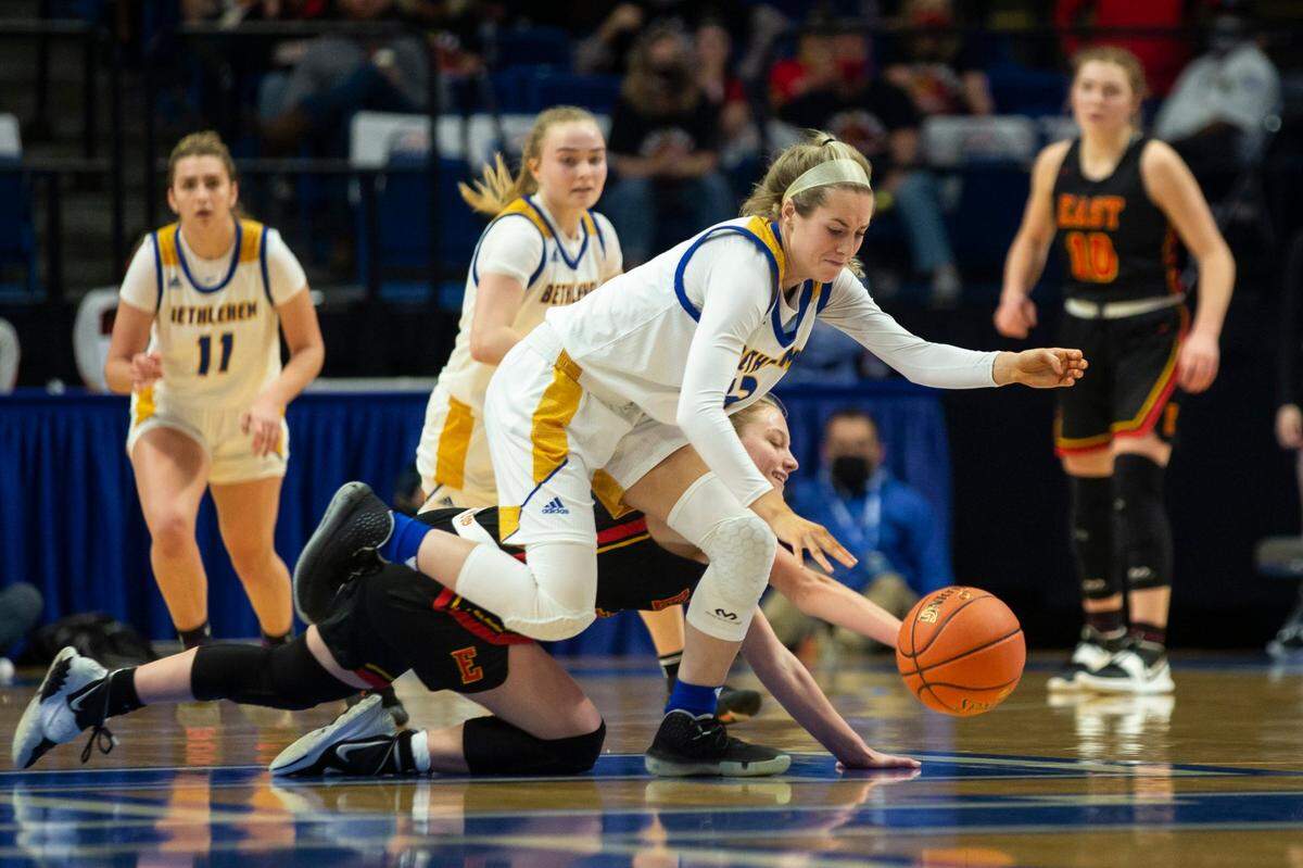 Bethlehem’s Carlie Thurmond (13) steals the ball from Bullitt East during last year’s Sweet 16. The teams match up again this year in the first round.
