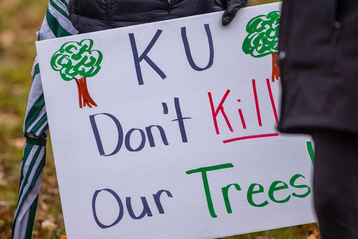 People protest as workers prepare to cut trees underneath KU utility lines along Lansdowne Drive in Lexington, Ky., on Wednesday, Dec. 1, 2021.