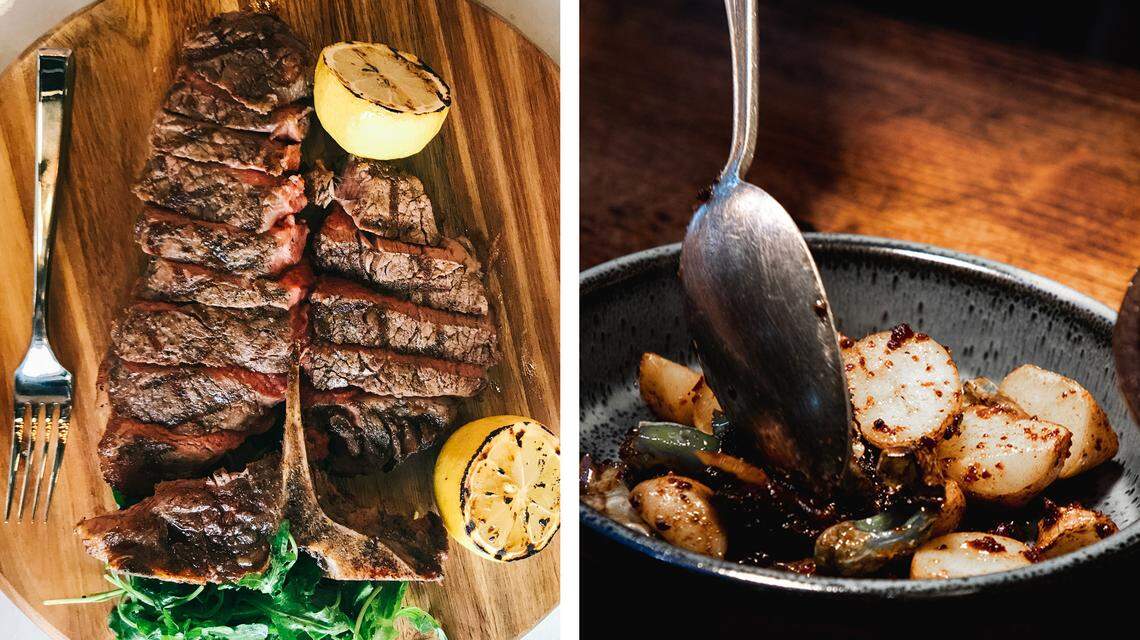 The porterhouse at Bottle & Bond at Bardstown Bourbon Company, left, and Coulter Farm potatoes at The Bar at Willett Distillery.