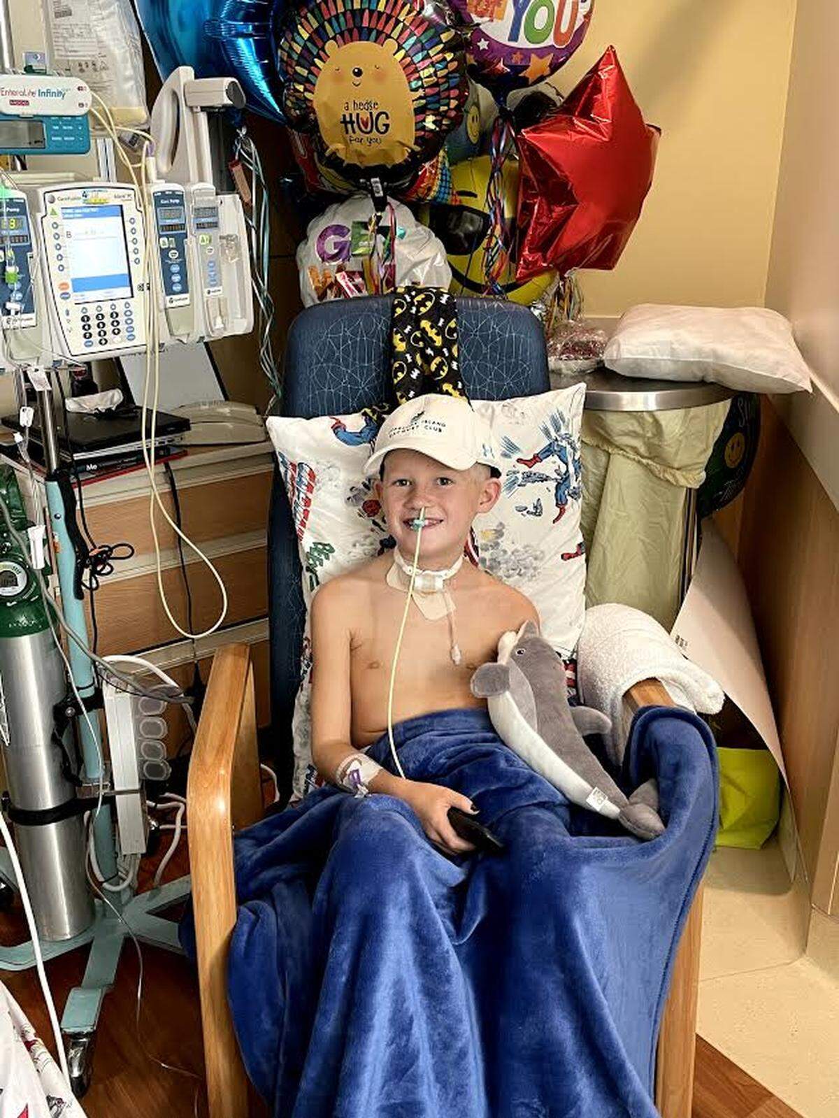 Robbie Messer, 8, son of Fayette Family Court Judge Elizabeth Messer, in his hospital room at Cincinnati Children’s Hospital Medical Center where he is being treated for cancer in mid-August 2021.
