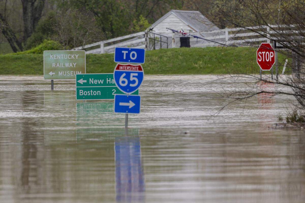 Exit 10 along the Bluegrass Parkway in Nelson County, Ky., is flooded Sunday, April 6, 2025.