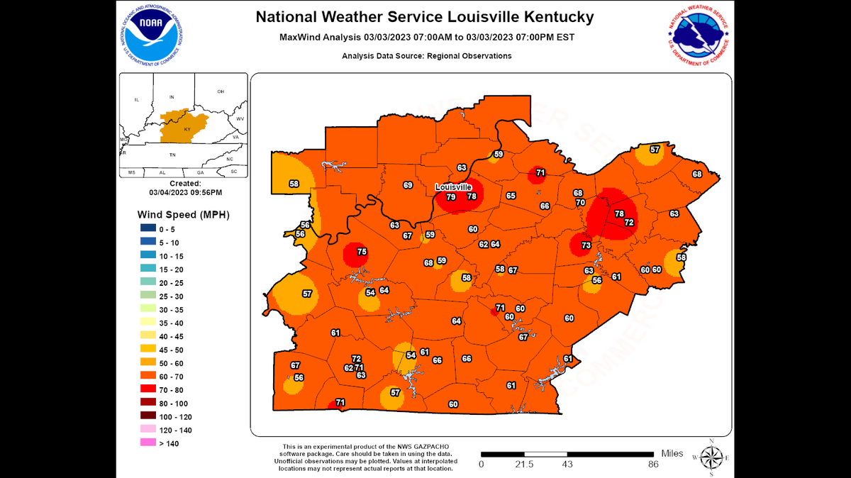 Wind speeds reached nearly 80 miles per hour in specific spots of Kentucky in a historic wind storm on March 3, 2023.