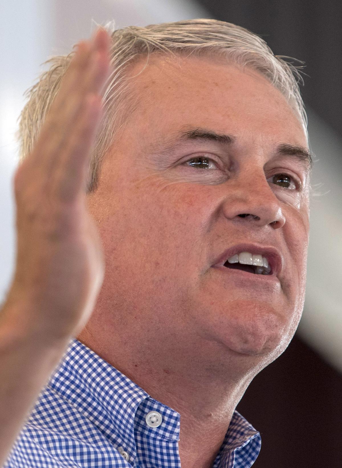 U.S. Representative James Comer, R-KY, gestured during the political speeches Saturday, August 4, 2018, in Fancy Farm, Ky.