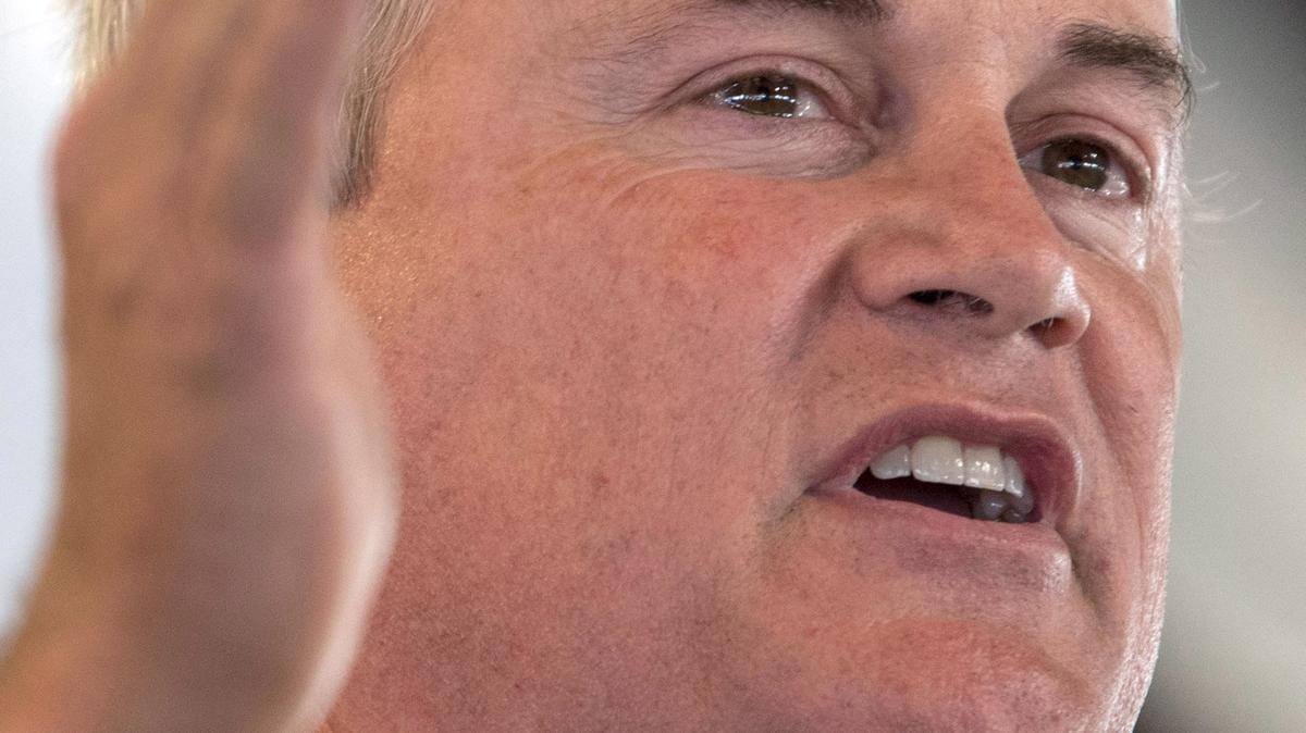 U.S. Representative James Comer, R-KY, gestured during the political speeches Saturday, August 4, 2018, in Fancy Farm, Ky.