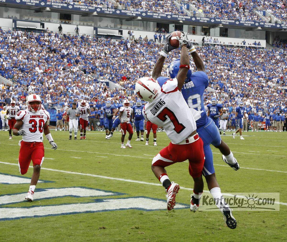 Kentucky wideout Randall Cobb making the game-winning catch in UK’s 31-27 victory over archrival Louisville in 2009 at Commonwealth Stadium.