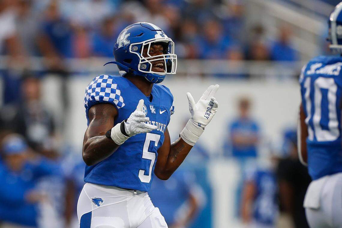 Kentucky super-senior linebacker DeAndre Square (5) leads the Wildcats in tackles with 32, one more than teammate and fellow super-senior linebacker Jacquez Jones with 31.