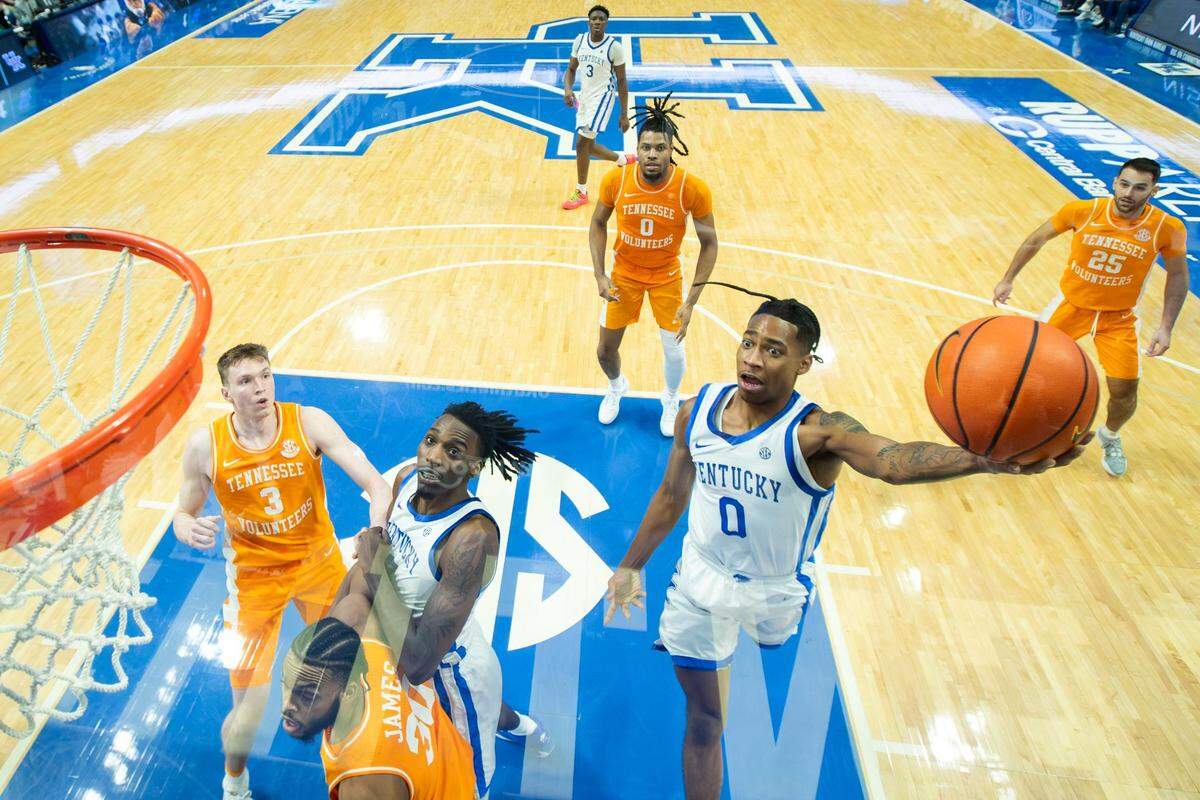 Kentucky freshman guard Rob Dillingham (0) had a career-high 35 points and also added four assists and two steals in UK’s 103-92 home loss to border rival Tennessee on Saturday night.