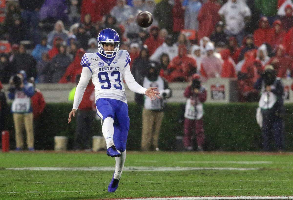 Kentucky punter Max Duffy is leading the SEC in average yards per punt at 51.71.
