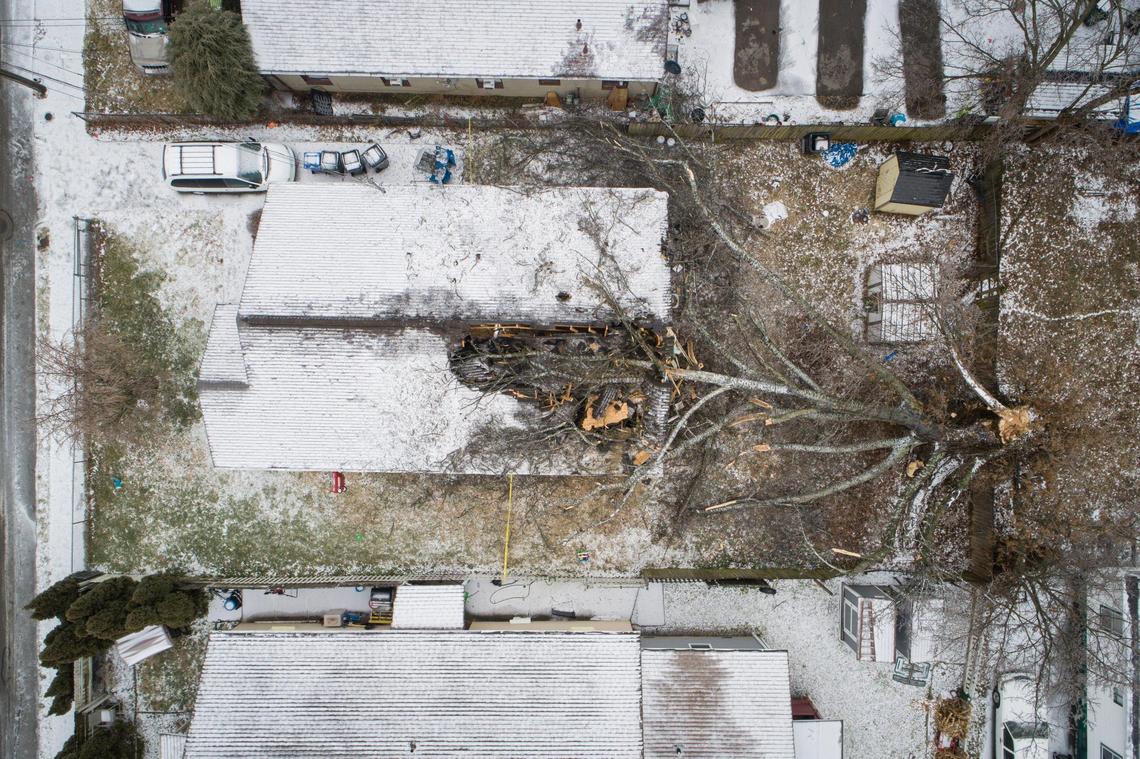 A downed tree lays across a home at 171 East Sixth Street following an ice storm Lexington, Ky., Thursday, Feb. 11, 2021. 