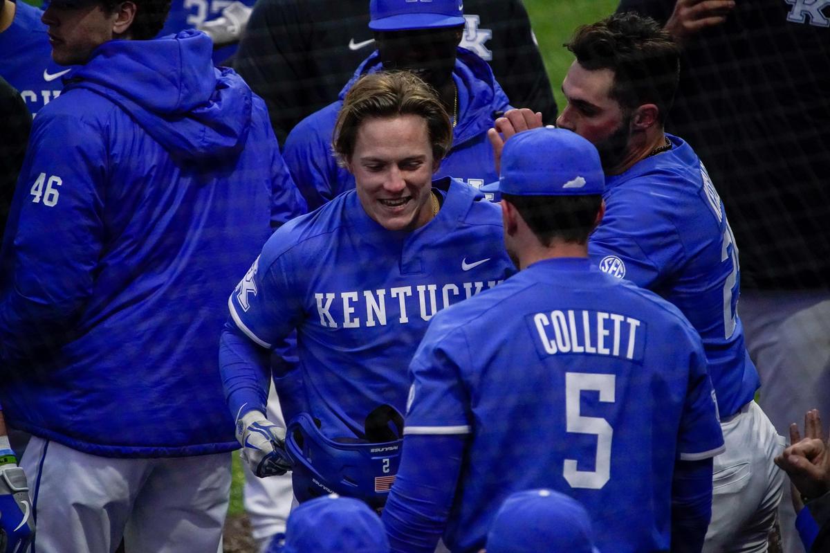 Austin Schultz (2) celebrated his home run in the fifth inning, which gave Kentucky the lead for good in its home opener against Southeast Missouri State at Kentucky Proud Park on Tuesday night