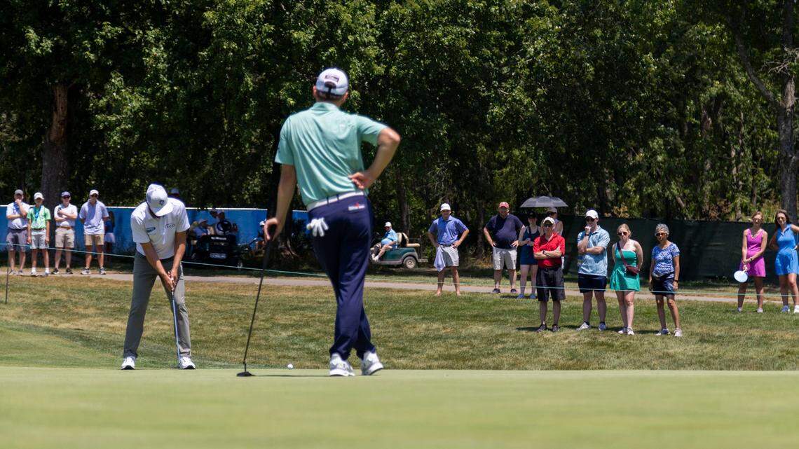 Lukas Nemecz watches Cooper Musselman putt his ball during the 2024 ISCO Championship at Champions at Keene Trace Golf Club in Nicholasville. The tournament will be played in Louisville moving forward.