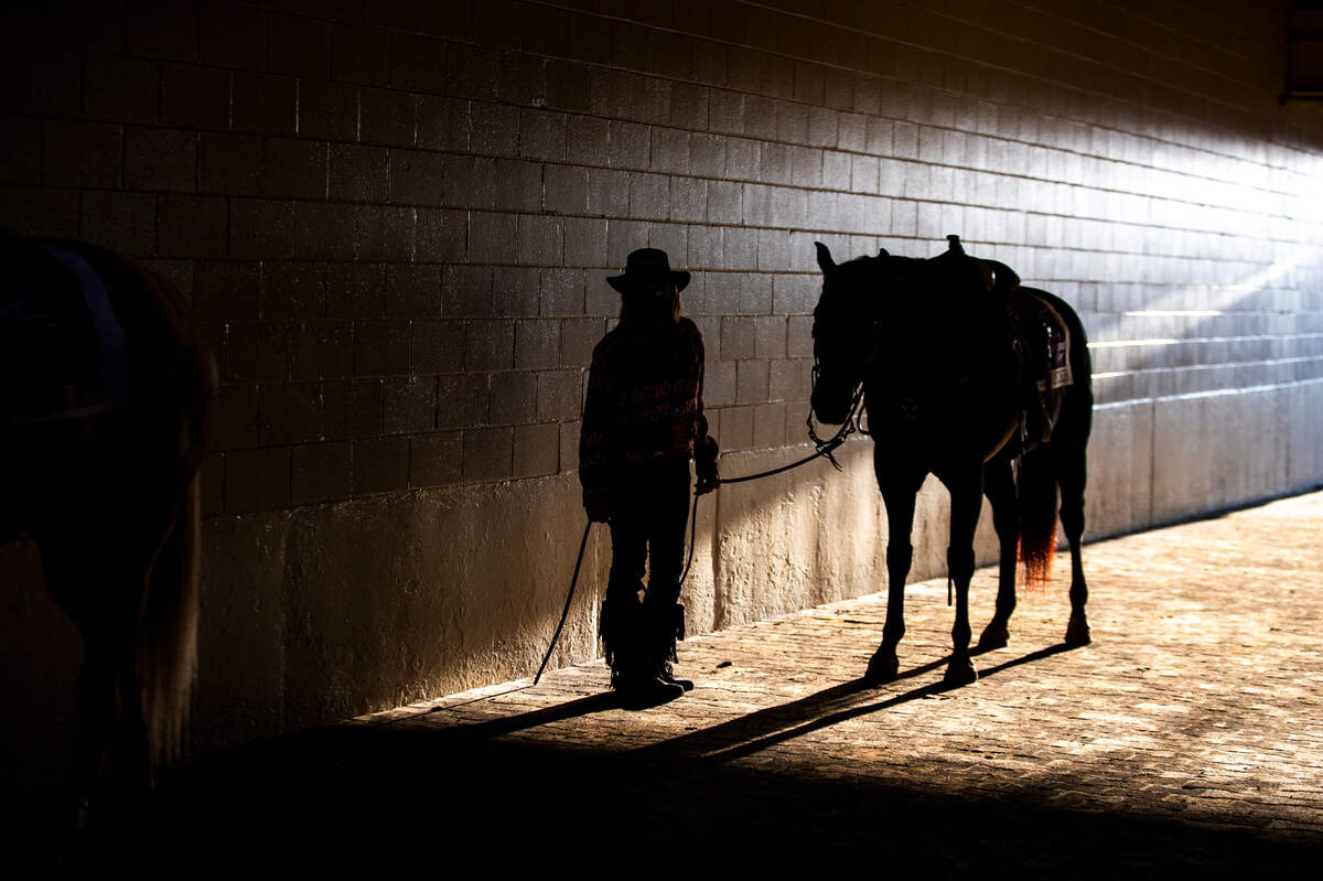 A horse and rider wait in the tunnel before the TVG Juvenile race during the first day of the Breeder’s Cup World Championships at Keeneland in Lexington, Ky., Friday, November 6, 2020.