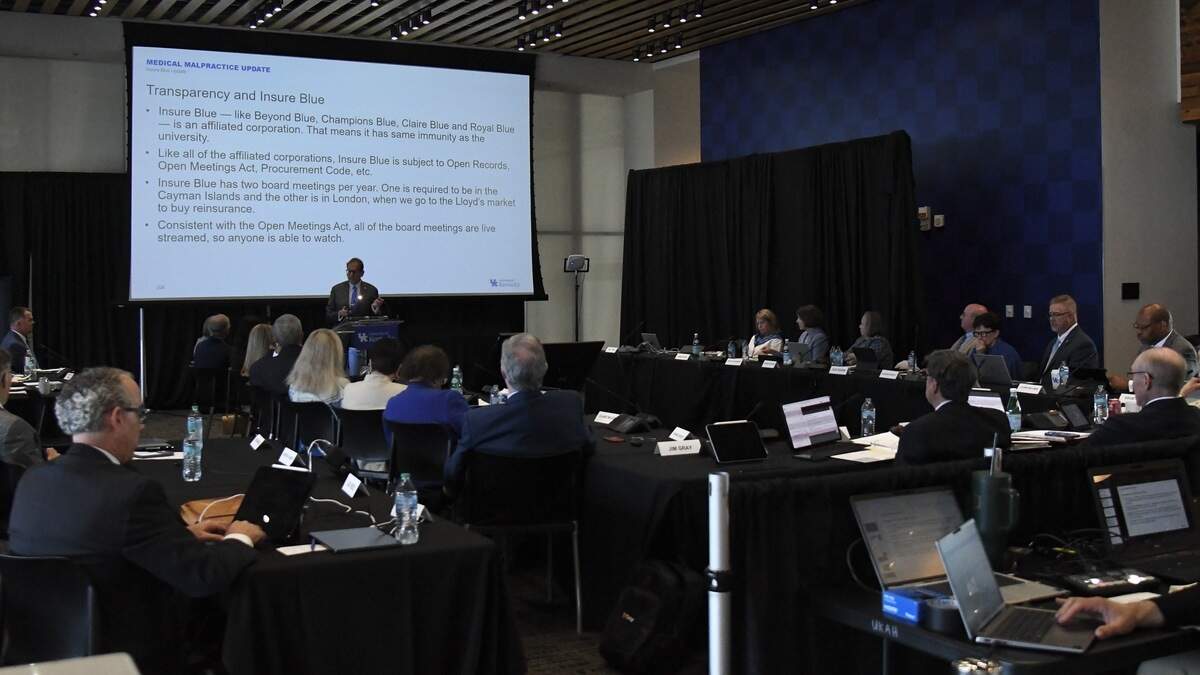Williams “Bill” Thro explains Insure Blue, the University of Kentucky’s captive insurance company, to the UK Board of Trustees Healthcare Committee meeting on Monday, June 29, 2026, at the Longship Club in Kroger Field in Lexington, Kentucky.
